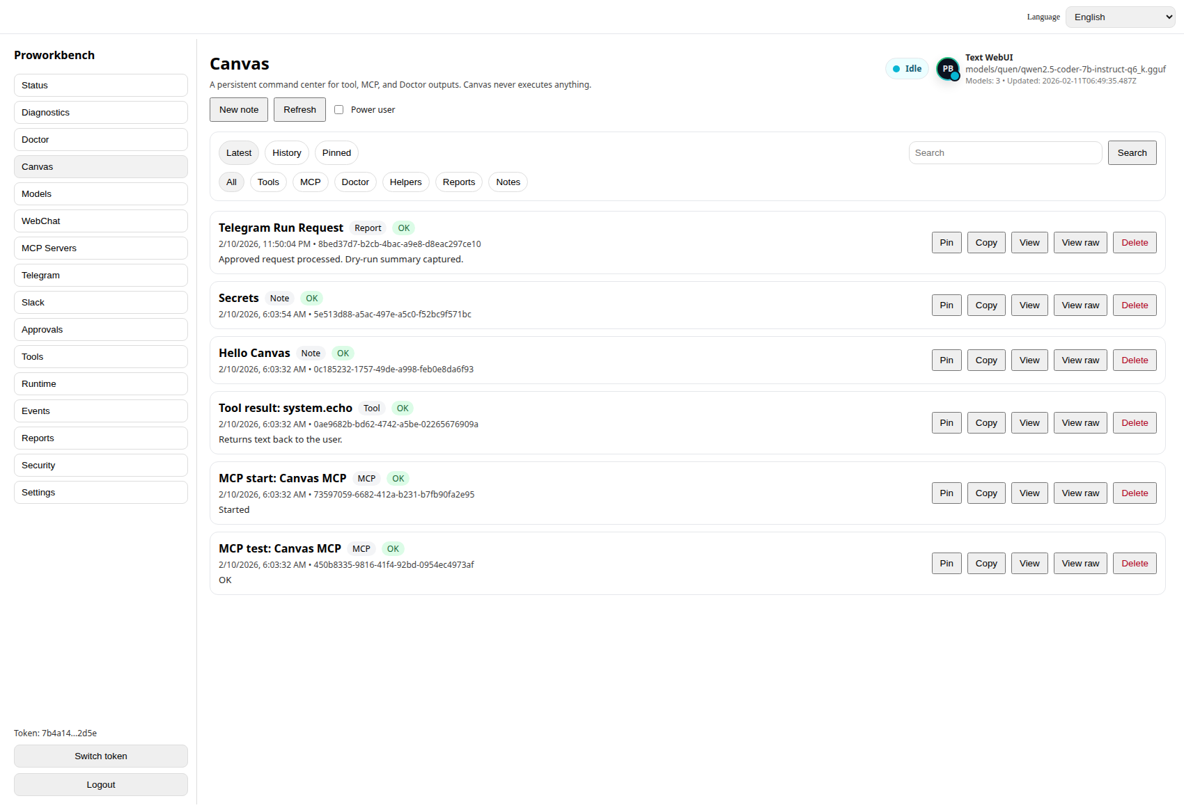 ProWorkbench command center showing approvals queue, tool list, and workspace state